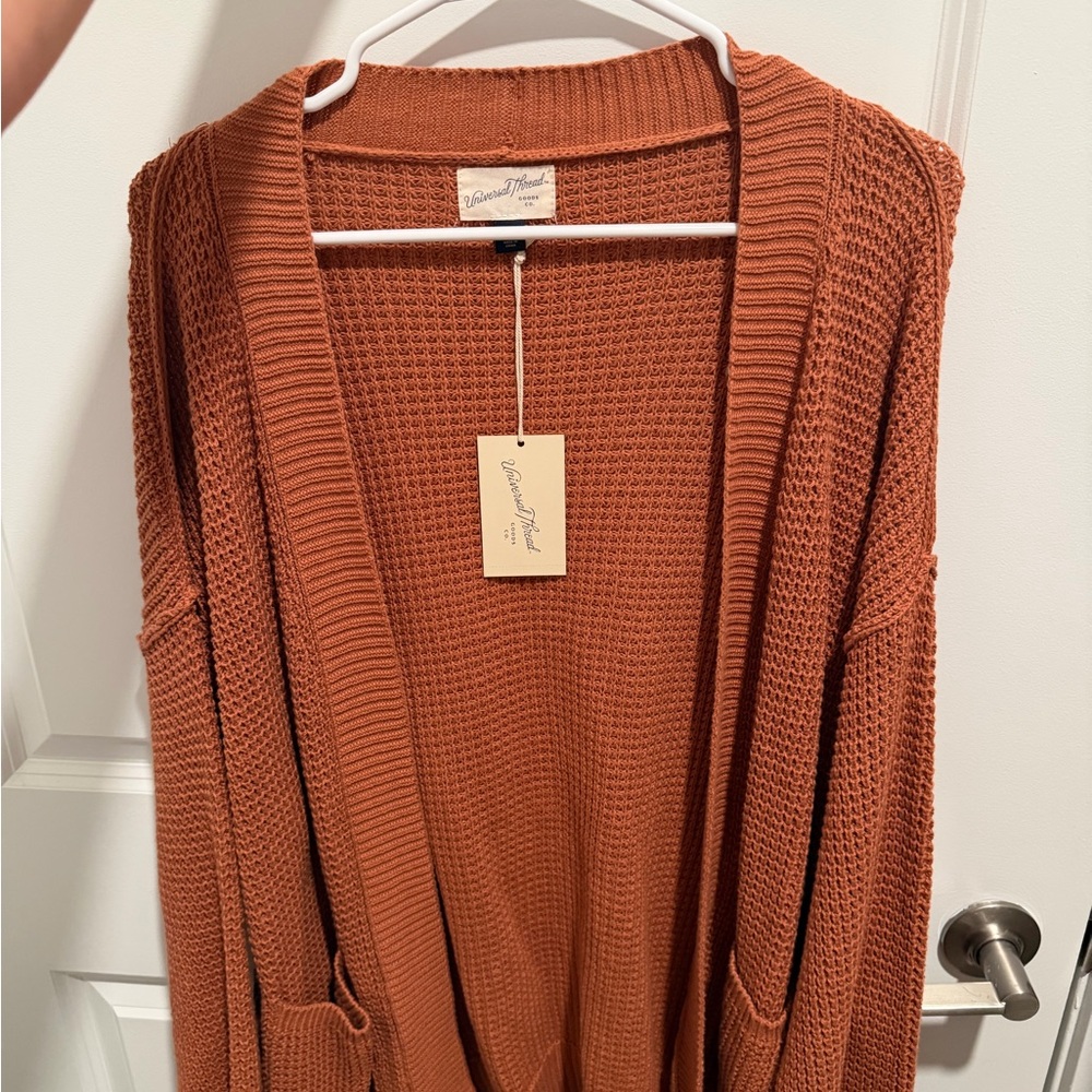 Universal Thread Burnt Orange Waffle-Knit Open Cardigan
